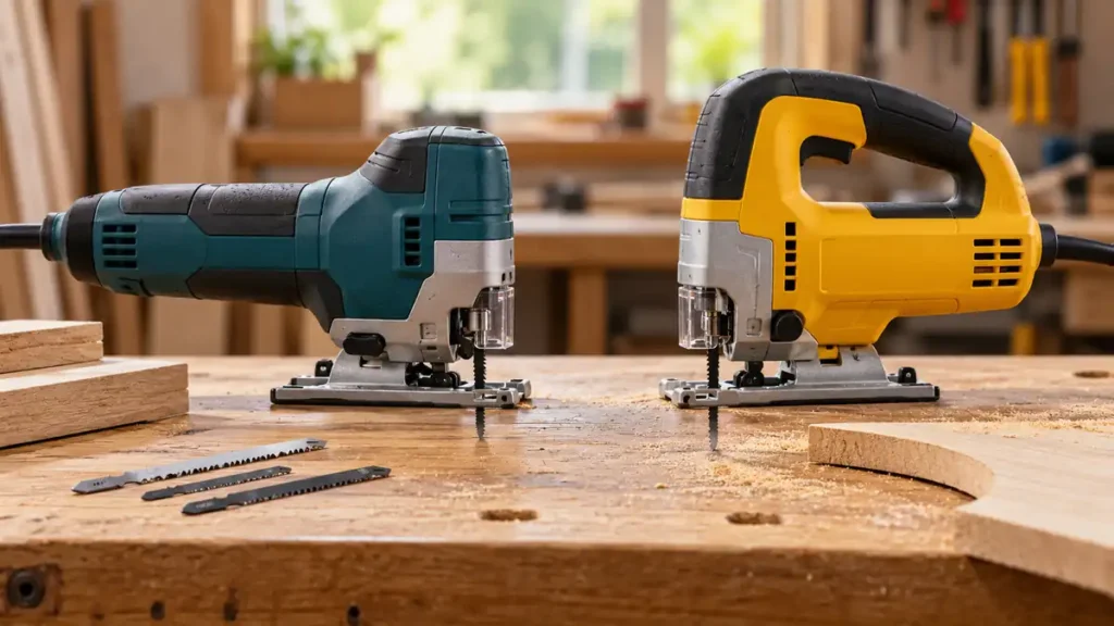 Barrel-grip and D-handle jigsaws shown in side profile