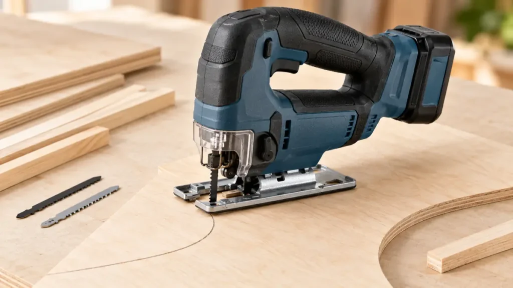 Compact cordless jigsaw with a small battery beside craft plywood