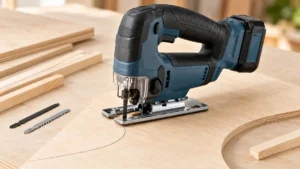 Compact cordless jigsaw with a small battery beside craft plywood