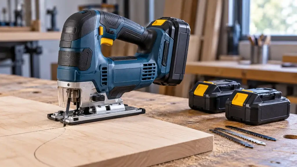 Cordless jigsaw with matching slide batteries beside a maple panel