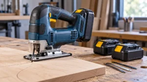 Cordless jigsaw with matching slide batteries beside a maple panel
