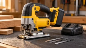 Cordless D-handle jigsaw with a slide battery and charger