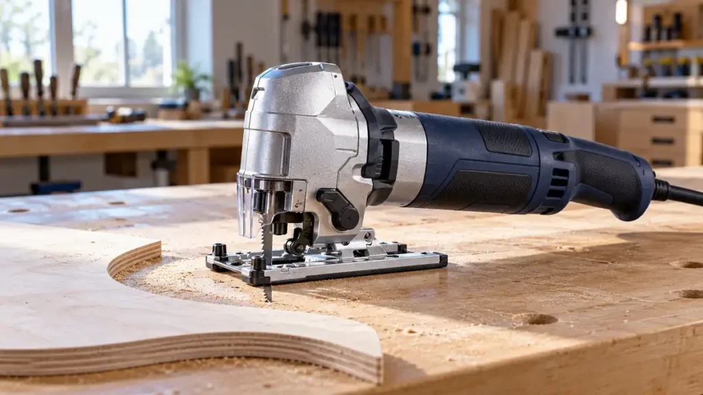 Barrel-grip jigsaw beside a curved plywood offcut on a workshop bench