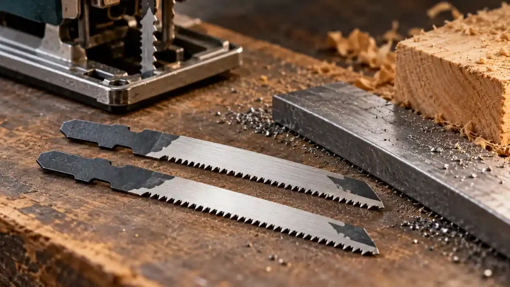 Bi-metal jigsaw blades beside steel and wood material samples