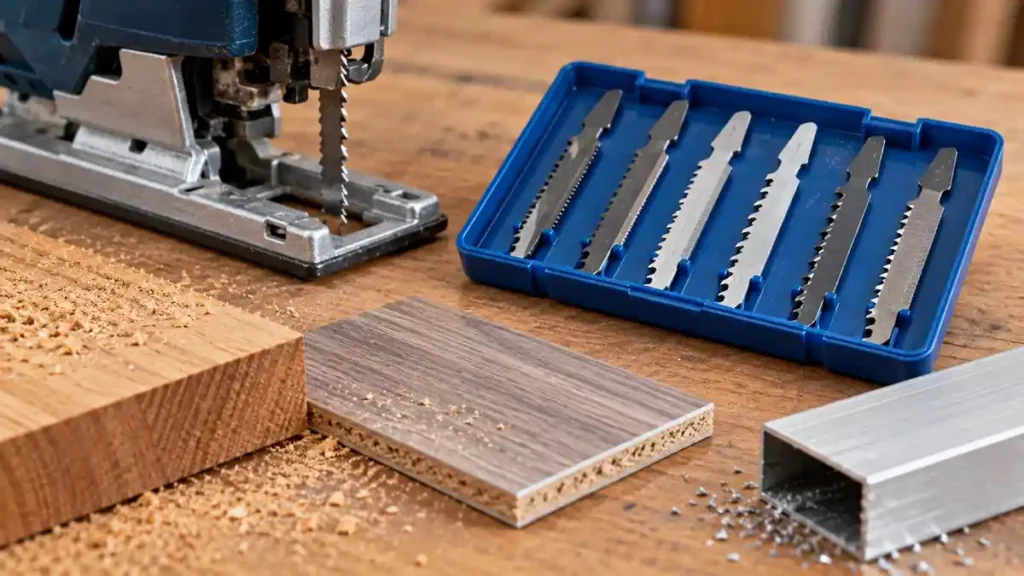 Jigsaw blades in a blue tray beside wood, laminate and aluminum samples