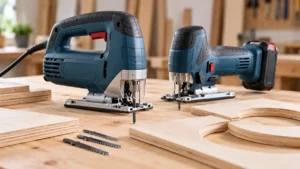 Corded and cordless jigsaws displayed with birch wood samples