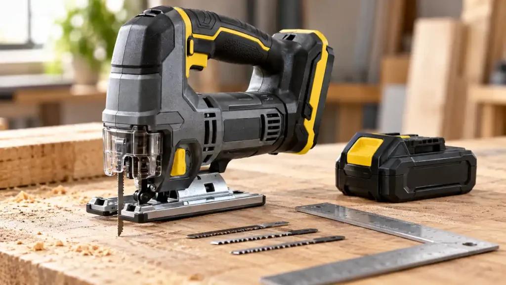 Compact cordless jigsaw with vented motor housing beside a battery and square