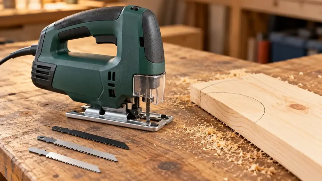 Budget jigsaw with basic blades and a pine board on a DIY workbench