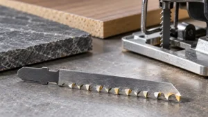 Carbide-tooth jigsaw blade shown in close-up beside a laminate sample