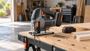 Compact jigsaw on a portable folding workbench with wood trim pieces