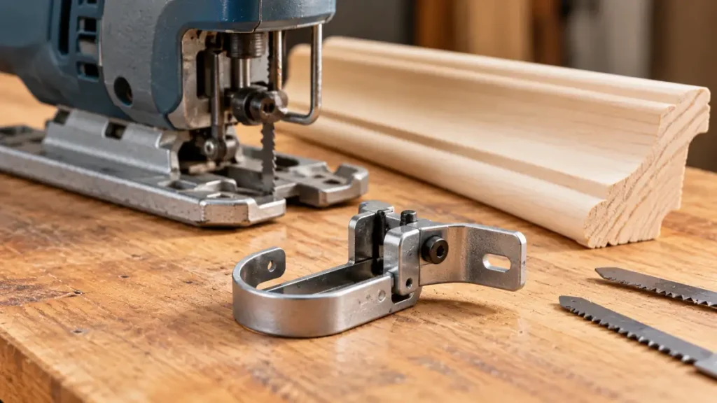 Steel jigsaw coping-foot attachment beside a jigsaw and crown molding
