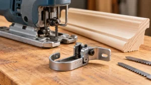 Steel jigsaw coping-foot attachment beside a jigsaw and crown molding