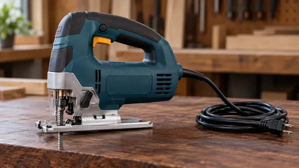 Corded jigsaw with coiled power cable on a walnut workbench