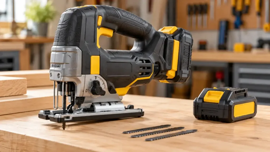 Cordless jigsaw with slide battery and spare battery on a maple bench