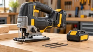 Cordless jigsaw with slide battery and spare battery on a maple bench