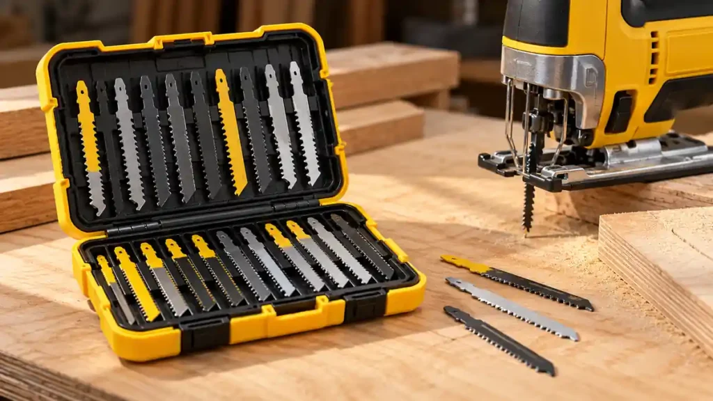 Jigsaw blades in a yellow-and-black case on a plywood workbench