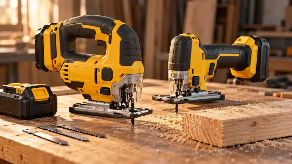 D-handle and barrel-grip cordless jigsaws beside battery packs