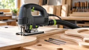 Precision jigsaw with dust extraction beside cabinetmaking templates