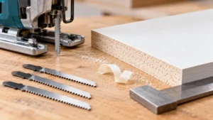 Fine-cut jigsaw blades beside a clean edge on a veneered panel