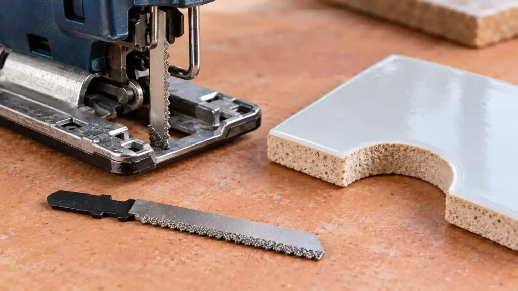 Grit-edge jigsaw blade beside a notched glazed ceramic tile
