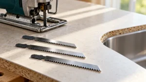Jigsaw blades beside a laminate countertop offcut with a rounded opening