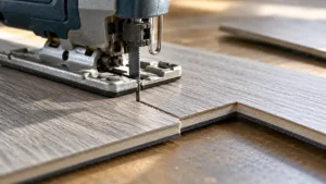 Jigsaw blade beside an L-shaped notch in vinyl plank flooring