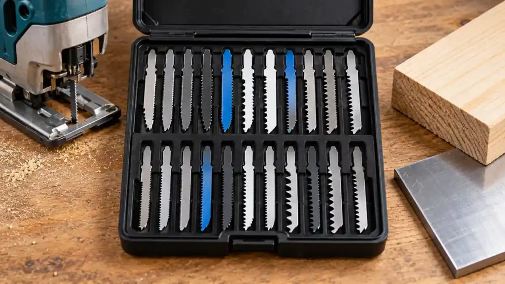 Assorted jigsaw blade set in an open storage case with wood and metal samples