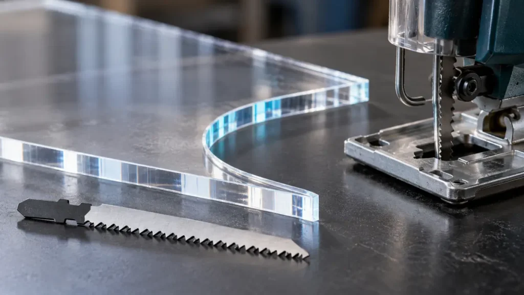 Jigsaw blade beside a curved transparent acrylic panel
