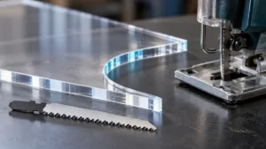 Jigsaw blade beside a curved transparent acrylic panel