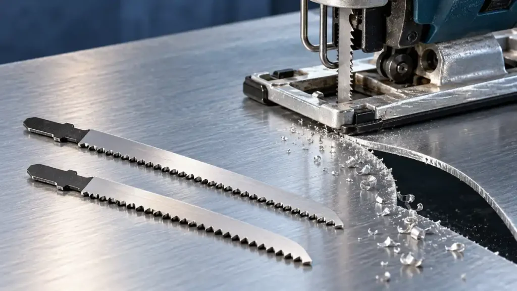 Fine-tooth jigsaw blades on an aluminum plate beside a curved cutout