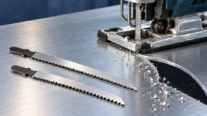 Fine-tooth jigsaw blades on an aluminum plate beside a curved cutout