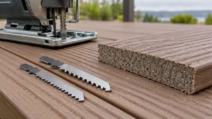 Jigsaw blades on a grooved composite decking board