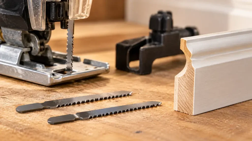 Narrow jigsaw blades beside a coped baseboard molding profile