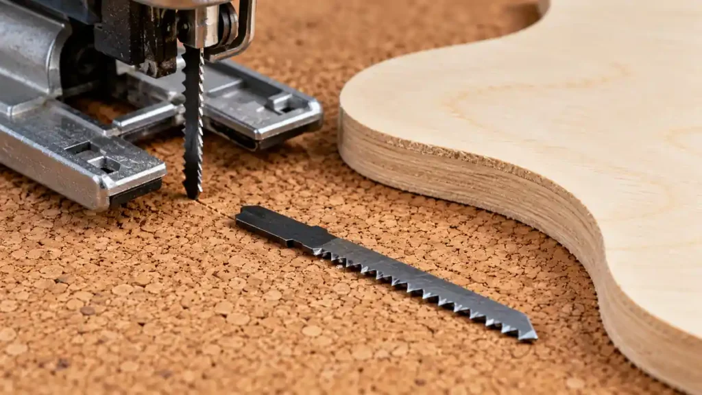 Narrow jigsaw blade beside a tight curved cut in birch wood