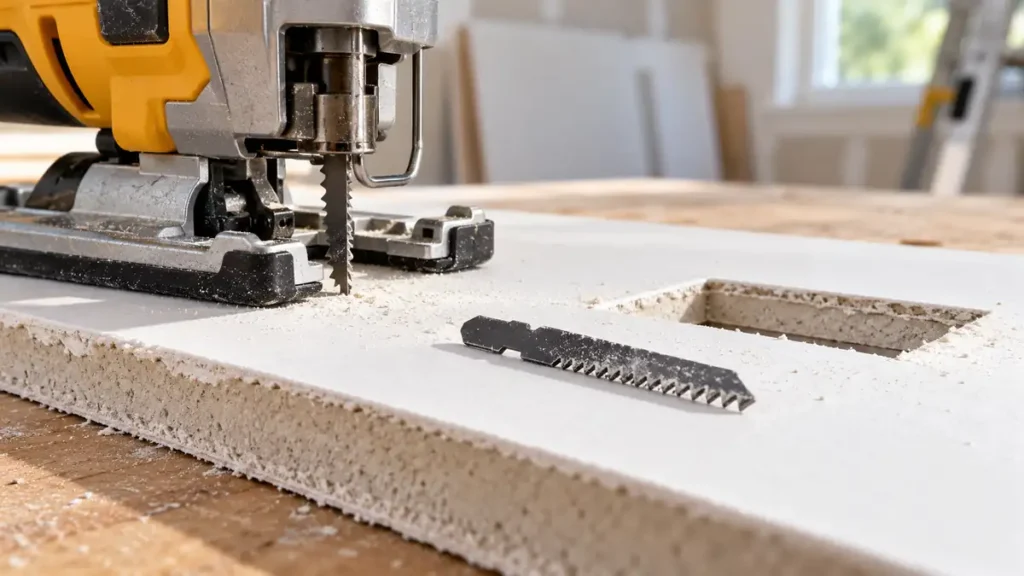 Jigsaw blade on a drywall sample with exposed gypsum edge