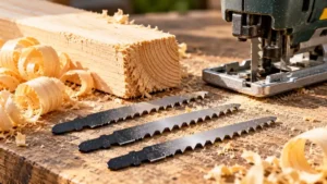 Coarse-tooth jigsaw blades beside pine offcuts and wood shavings