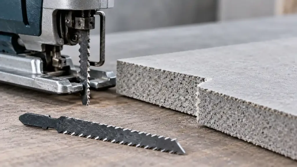 Specialty jigsaw blade beside a notched fiber-cement board sample