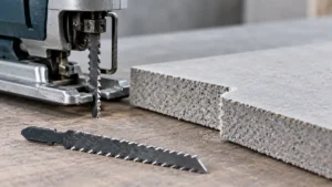 Specialty jigsaw blade beside a notched fiber-cement board sample