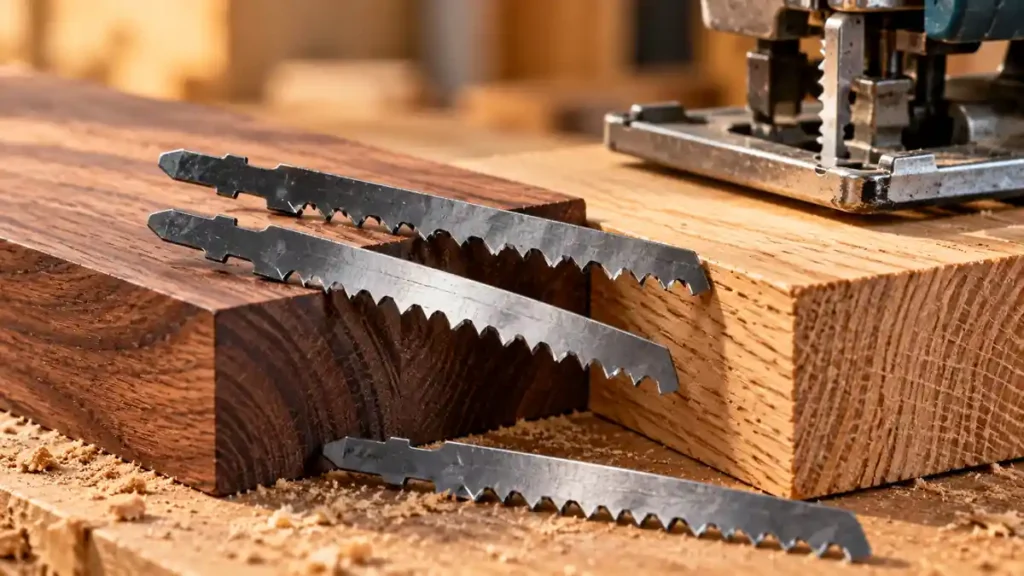 Wood-cutting jigsaw blades on walnut and oak blocks
