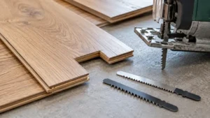 Jigsaw blades beside a notched laminate flooring plank