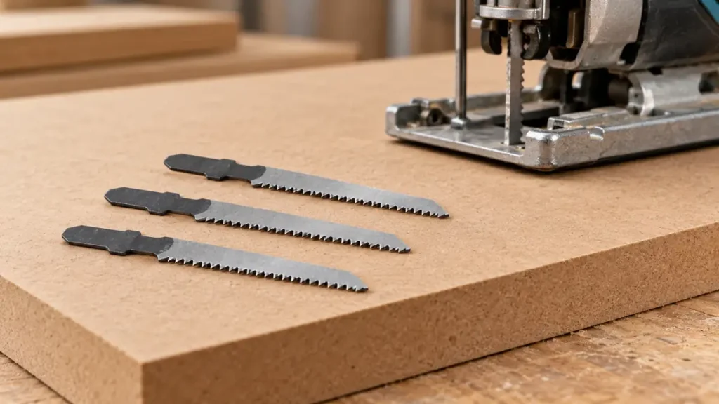 Jigsaw blades on an MDF sheet with its fiber edge visible