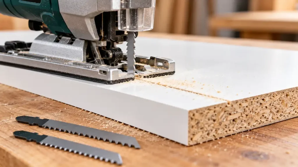 Jigsaw blade beside a clean cut in white melamine-faced board