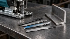 Metal-cutting jigsaw blades arranged on a steel plate