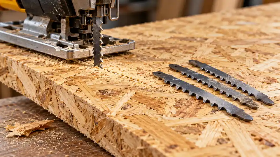 Jigsaw blades on an OSB panel with visible wood strands