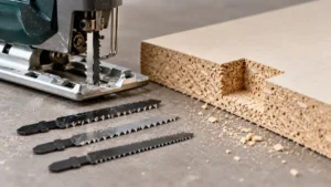 Jigsaw blades beside a notched particleboard panel with visible chip core