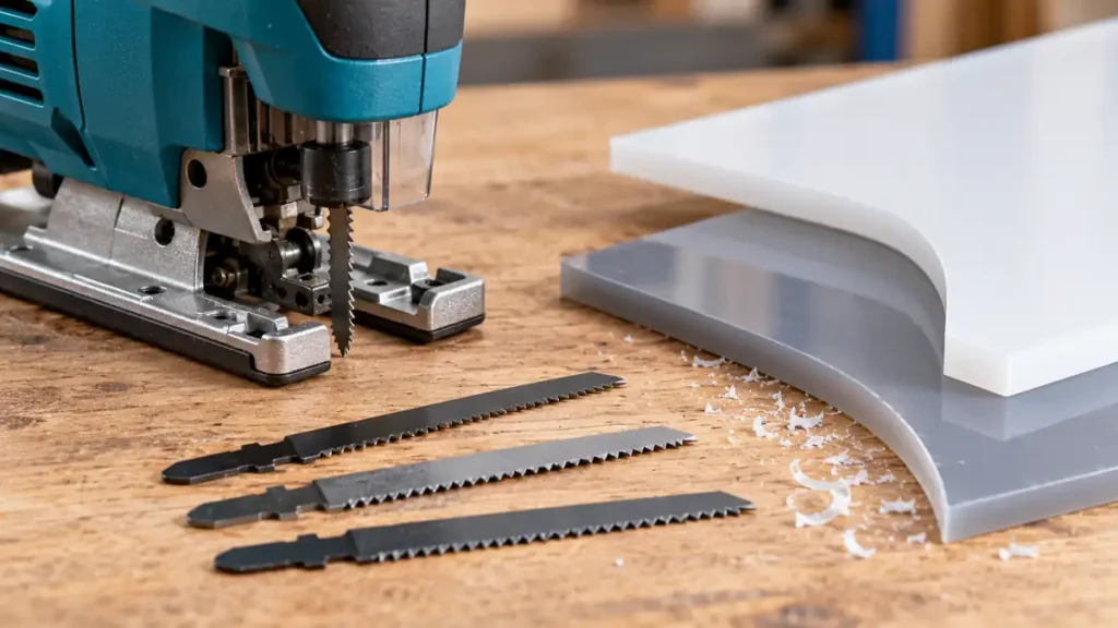 Fine-tooth jigsaw blades with white and gray plastic sheet samples