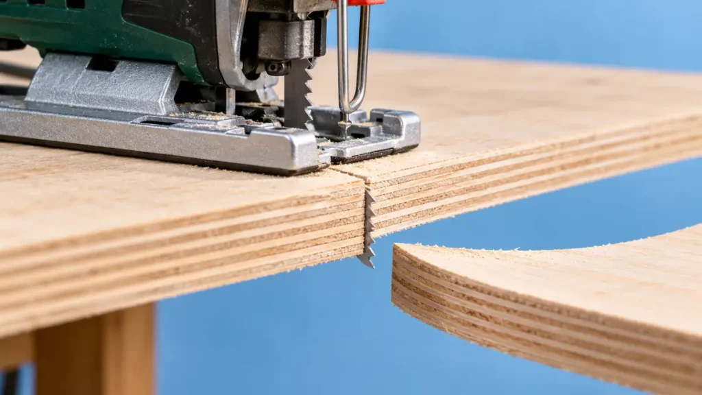 Jigsaw blade beside the layered edge of birch plywood