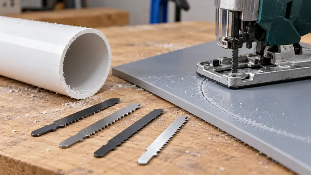 Jigsaw blades beside PVC pipe and a gray PVC panel