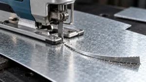 Fine-tooth jigsaw blade beside a curved cut in galvanized sheet metal