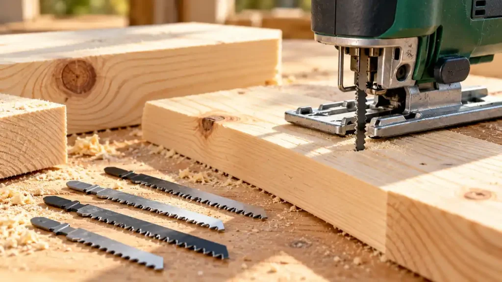 Wood-cutting jigsaw blades on pine and spruce offcuts